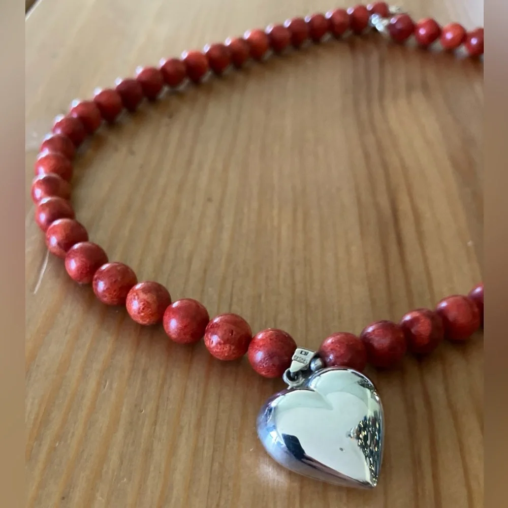 NEW Lee Sands Vintage Sterling Silver Heart Red Beaded Necklace and Bracelet Set